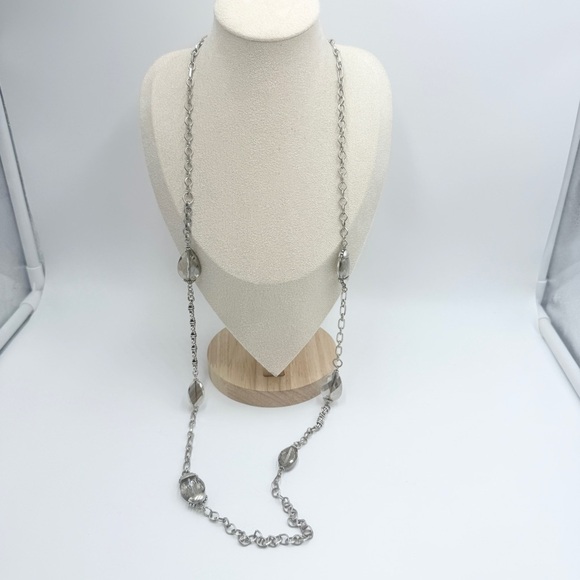 Chico’s Long Elegant Silver Chain Necklace with Large Clear Beads - Picture 3 of 8